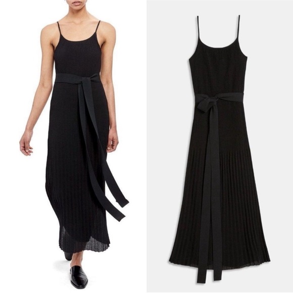 Theory Pleat Maxi Dress Black M Cotton Blend A Line Slip Lined - Picture 1 of 11